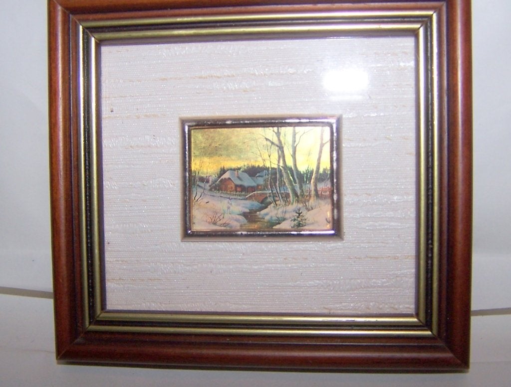 Kunstlithografie miniatuur op goudfolie. 10x11cm. Izgs., Ingelijst, Ophalen of Verzenden, Landschappen, Lithografie