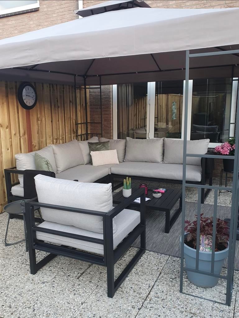 Loungeset aluminium hoek zwart incl. tafel en kussens, Ophalen, Zo goed als nieuw, Aluminium