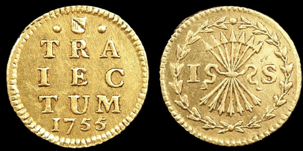 1755 over 1754 Bezemstuiver Utrecht Afslag in Goud, Postzegels en Munten, Vóór koninkrijk, Losse munt, Goud, Overige waardes