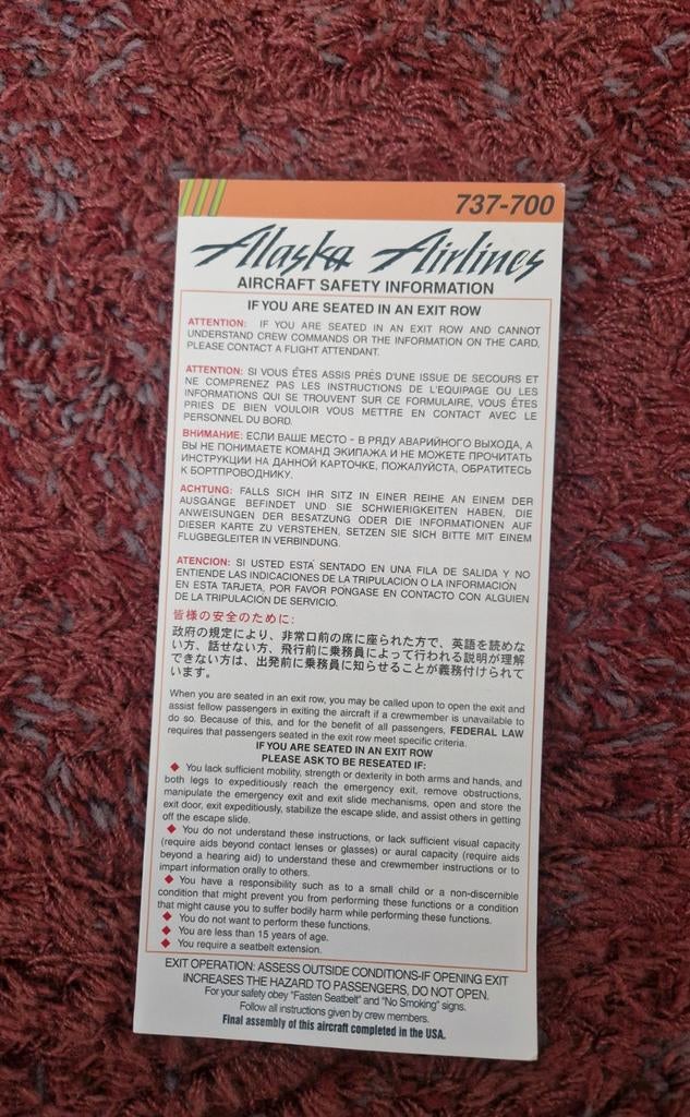 Alaska Airlines 737-700 veiligheidskaart, safety card, Ophalen of Verzenden, Gebruikt, Kaart, Foto of Prent
