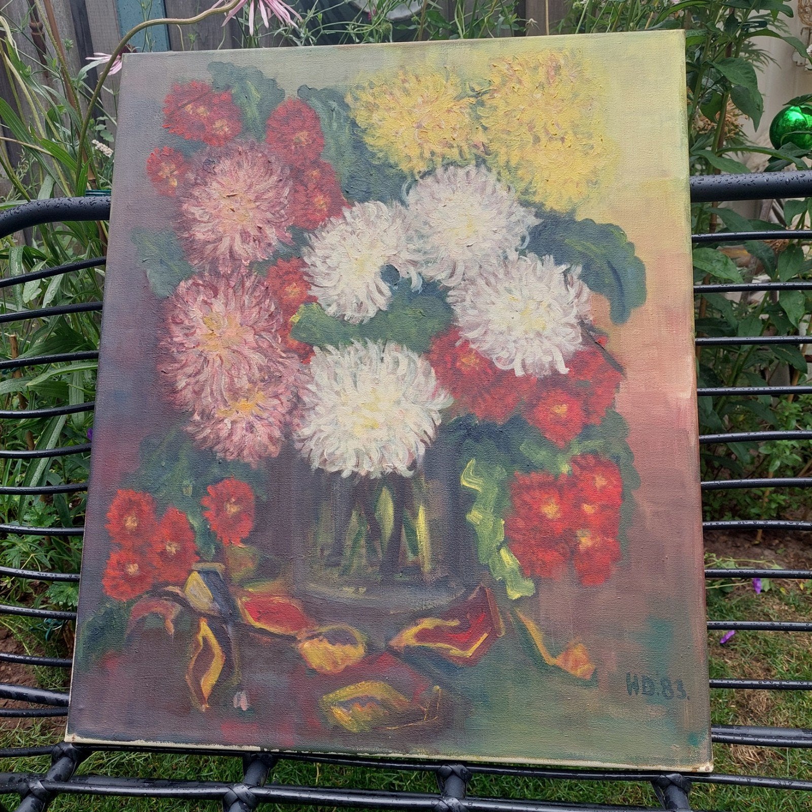 Oud bloemenschilderij met chrysanten op doek, Ophalen of Verzenden