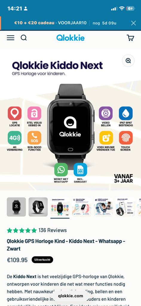 Qlokkie GPS horloge in perfecte staat. Zie beschrijving!!!, Ophalen, Zwart, Nieuw, Waterdicht