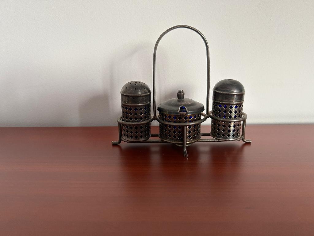 verzilverde onderzetter kobaltglas zout peper stel, Ophalen of Verzenden, Zilver