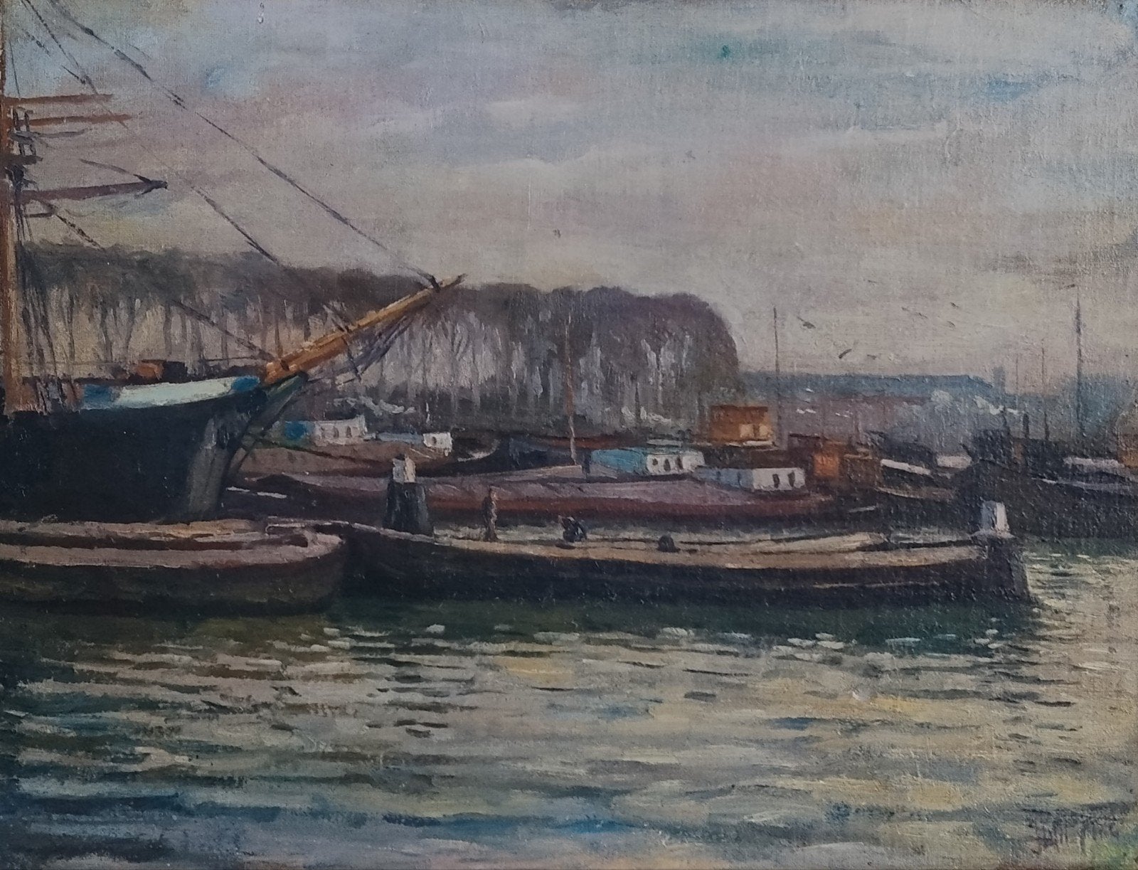 J.W Heijting 1915 Amsterdam Oosterdok schepen oud schilderij, Ophalen of Verzenden