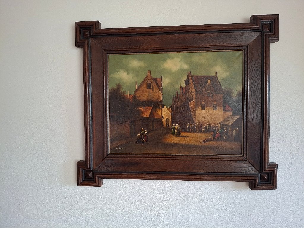 Mooi schilderij met Hollands stadsgezicht, Antiek en Kunst, Ophalen, Doek, Oud hollands, Bijzondere lijst