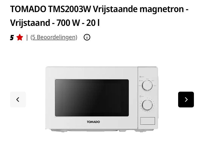 TOMADO TMS2003W Vrijstaande Magnetron - 700W - 20L, Ophalen, Minder dan 45 cm, Vrijstaand, Magnetron