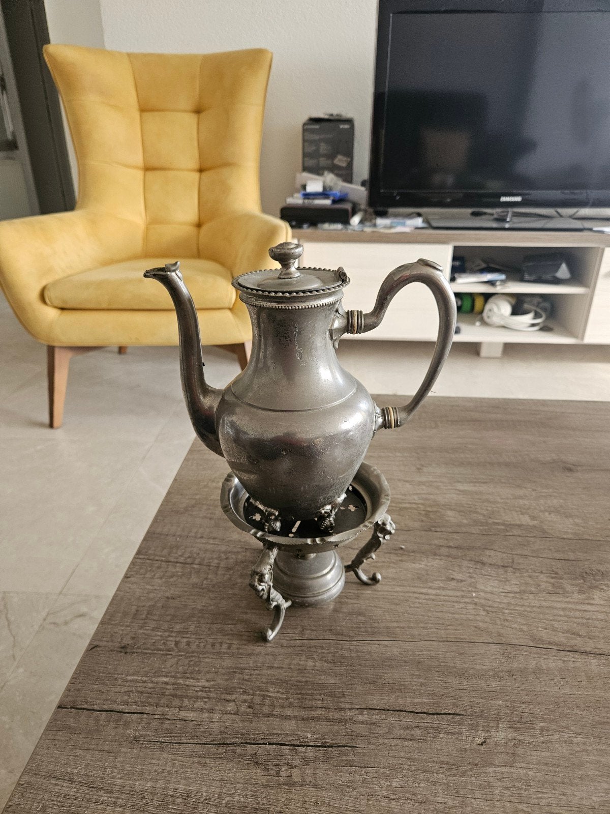 Antieke tinnen koffiekan met rechaud, Antiek en Kunst, Ophalen of Verzenden