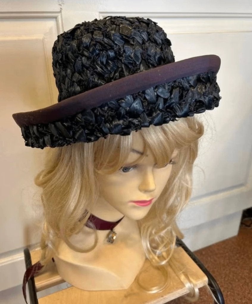 Vintage Dameshoed van Raffia - Donkerblauw, Ophalen of Verzenden, Gedragen, 55 cm (S, 6⅞ inch) of minder, Hoed