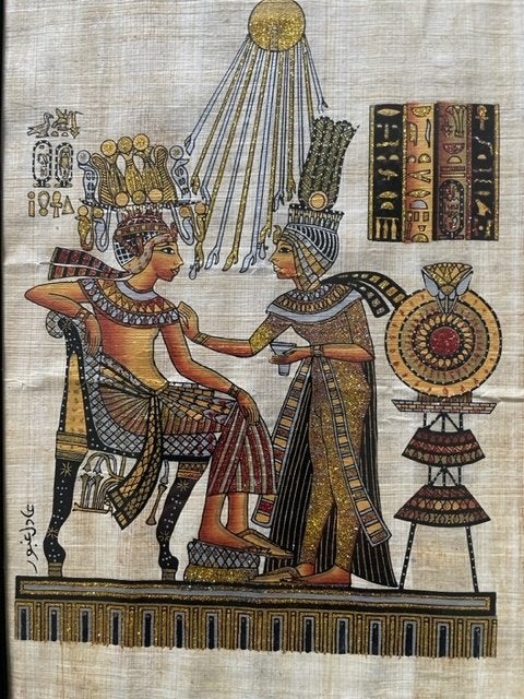 Vintage schilderij egypte. Tut ank amon en vrouw. Papyrus, Ophalen