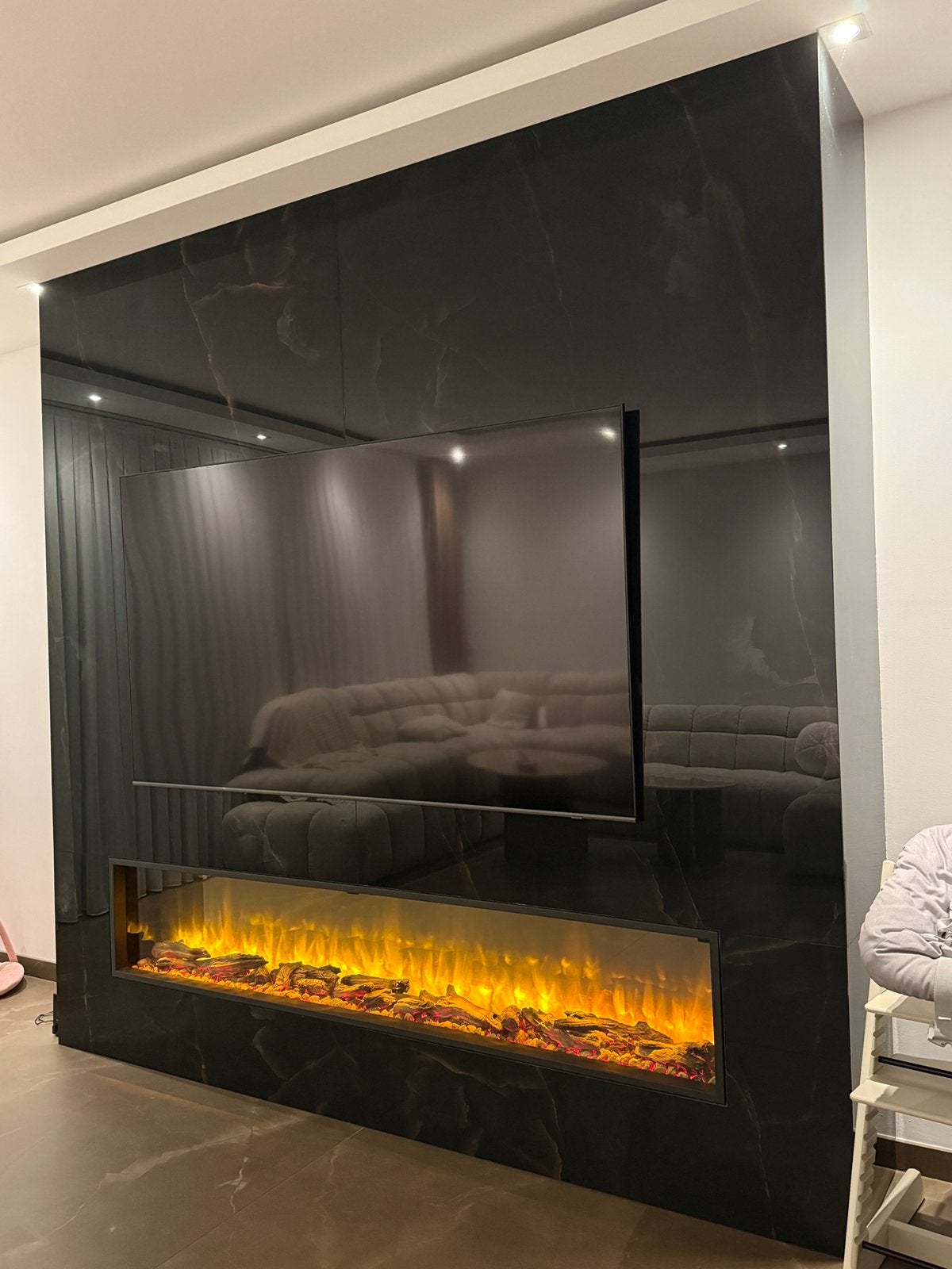 Luxe cinewall met elektrische sfeerhaard- marmerlook, Ophalen, Zo goed als nieuw, Vrijstaande haard, Elektrische haard