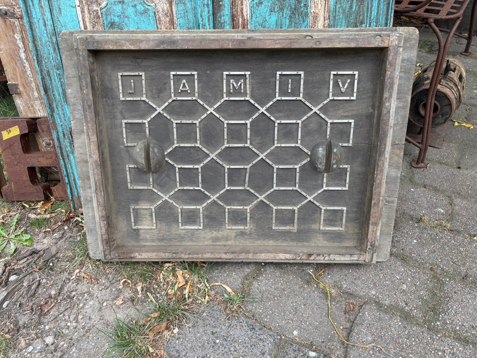 Oude cementmal uit India, Gebruikt, Hout, Decoratieobject, Ophalen of Verzenden