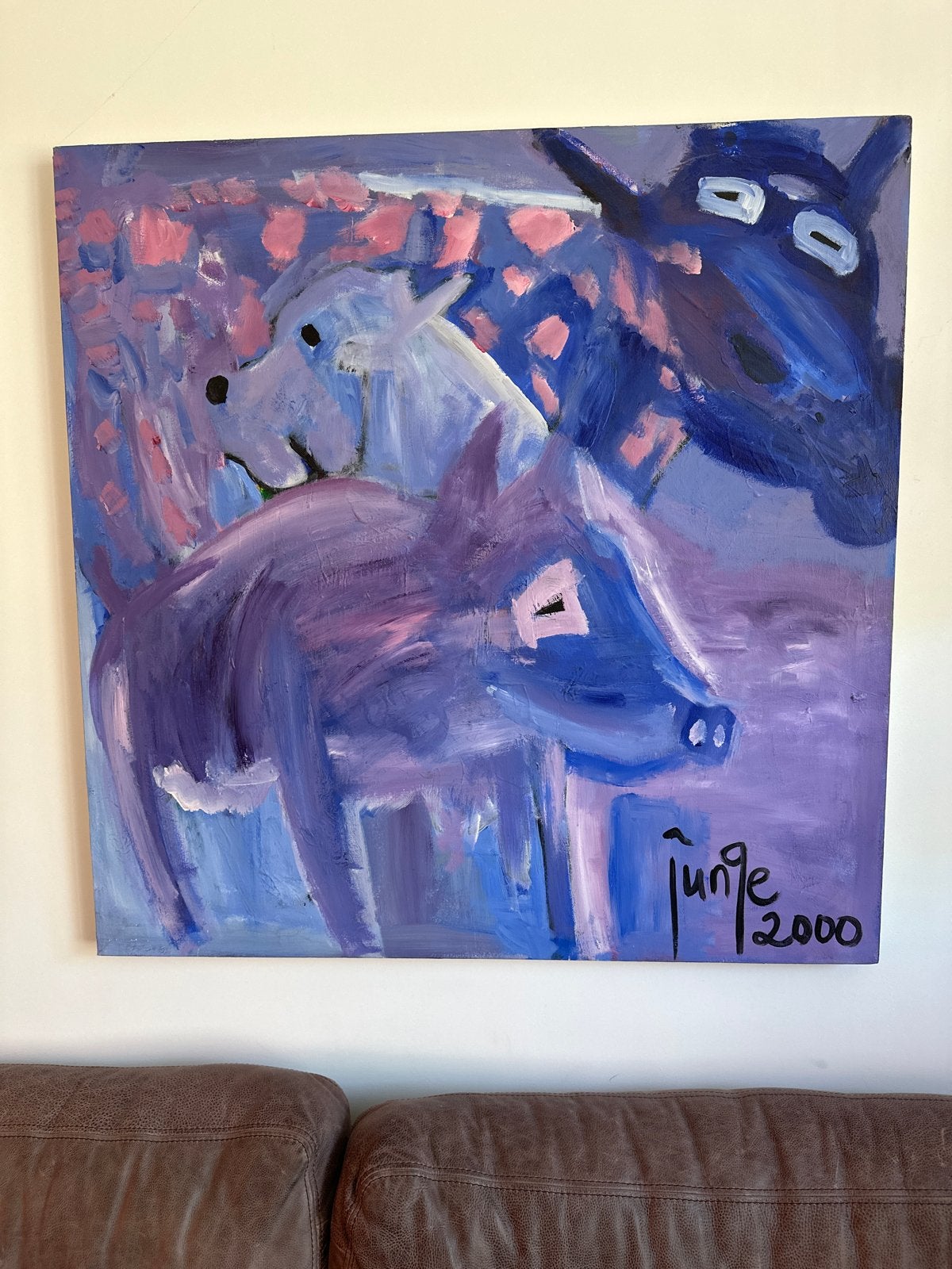 Schilderij 'Junge 2000' met paarden/ezels in paarse tinten, Antiek en Kunst, Kunst | Schilderijen | Modern, Ophalen