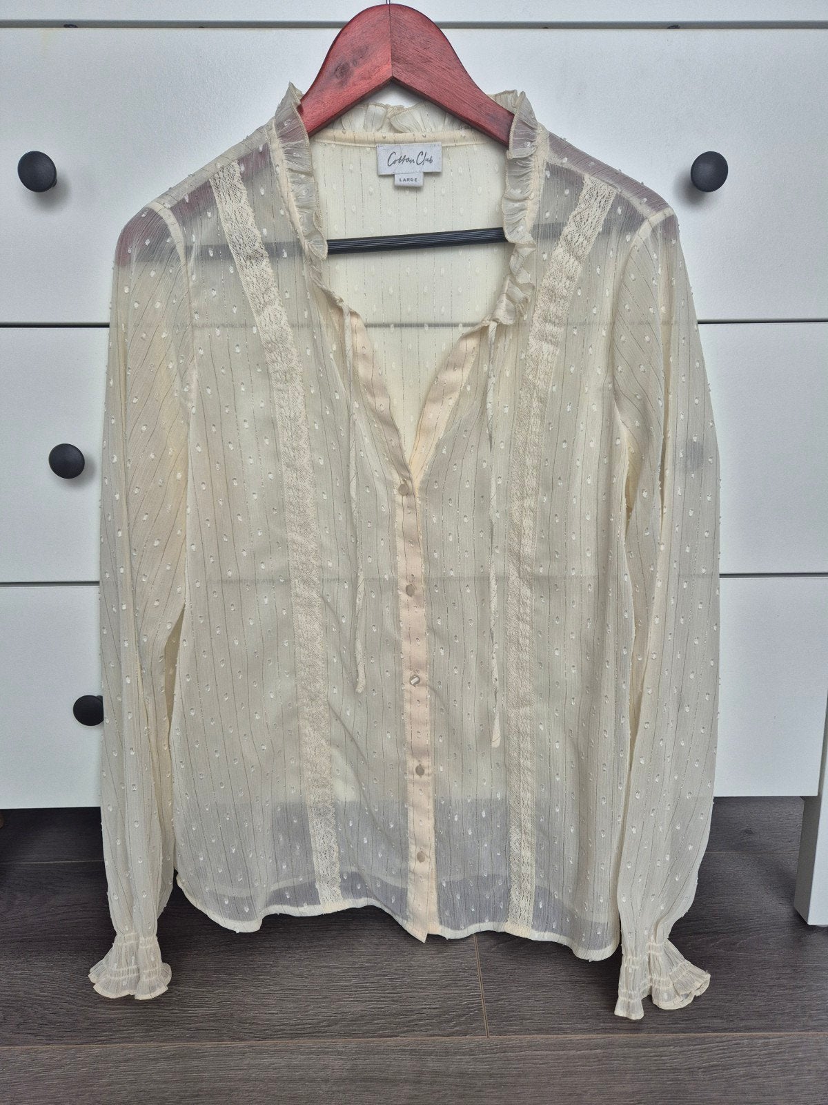 Cotton Club Cream Boho Blouse met Lurex & Kant Coquette, Wit, Maat 42/44 (L), Ophalen of Verzenden, Zo goed als nieuw