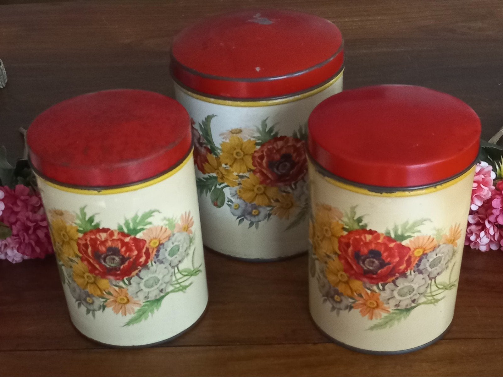 Set van 3 brocante voorraadblikken, klaproos, gele bloemen, Verzamelen, Ophalen of Verzenden, Gebruikt, Overige