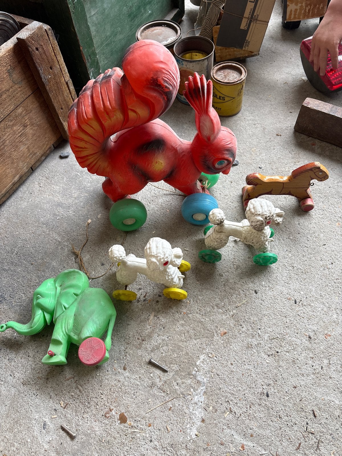 Vintage Speelgoed Dieren op Wielen - Eekhoorn, Poedels, Olif, Ophalen, Gebruikt, Jongen of Meisje