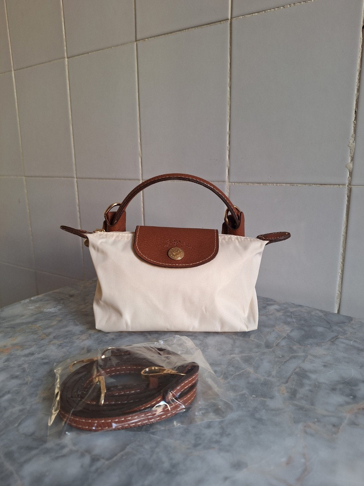 Longchamp Le Pliage Mini Handtas Wit/Bruin, Ophalen of Verzenden, Nieuw, Wit, Handtas
