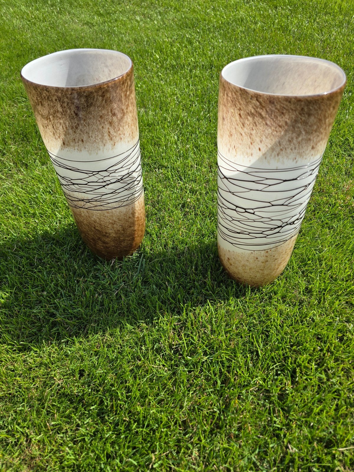 Vaas, vazenset. handgemaakt, bruin, beige, wit. 34 cm hoog, Ophalen, Meerkleurig, 34 cm, Glas