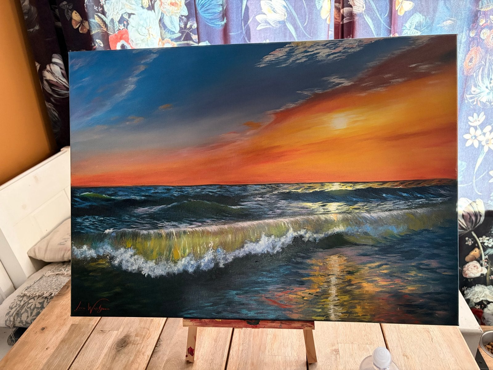 Schilderij “golden kiss of sunset” Lara Wasiljewa, Maritiem / water, Doek, Realistisch, Ophalen of Verzenden