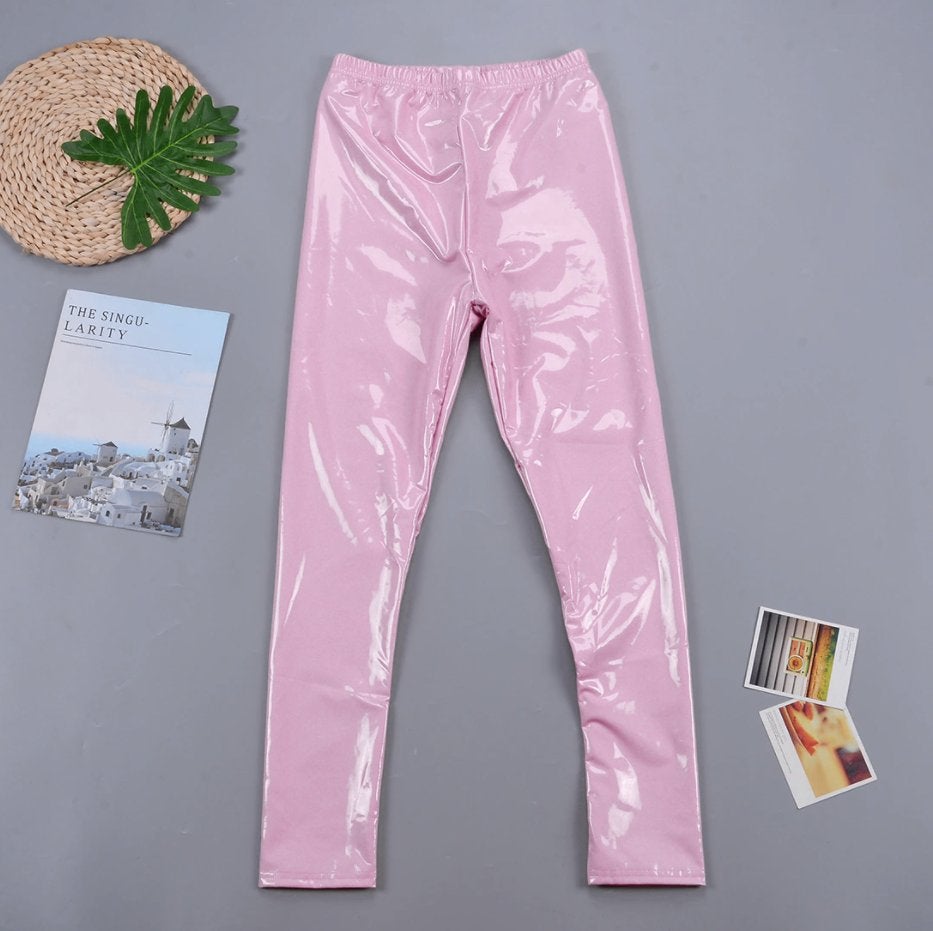 Licht roze glimmende legging wetlook leren dames vrouwen, Maat 38/40 (M), Verzenden, Nieuw, Roze