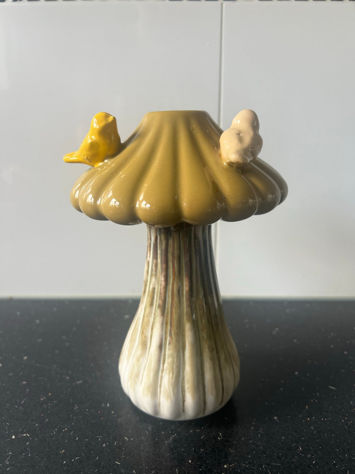 Leuke paddenstoel vaas met vogeltjes, Ophalen, Groen, Steen/keramiek, Landelijk