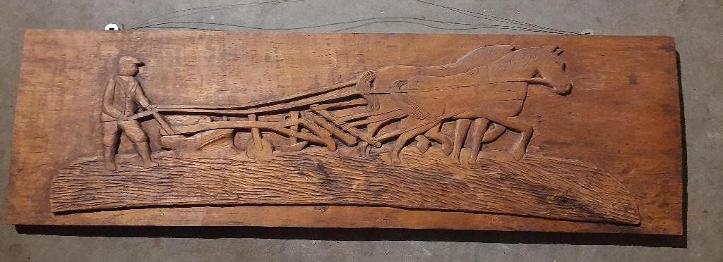 Houten plaat/houtsnijwerk: Boer met paarden voor een ploeg, Ophalen, Houtsnijwerk, 1 meter - 2 meter, Hout