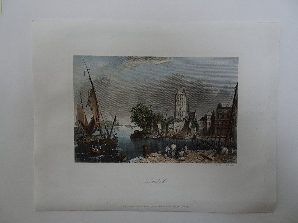 staalgravure Dordrecht havenhoofd kerk schepen A. Carse 1860, 1800 - 1899, Stadsgezicht, Ophalen of Verzenden, Gravure