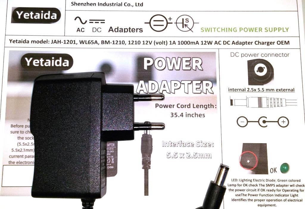 Yetaida JAH-1201 12V 1A AC Adapter oplader Lader tip 2.5x5.5