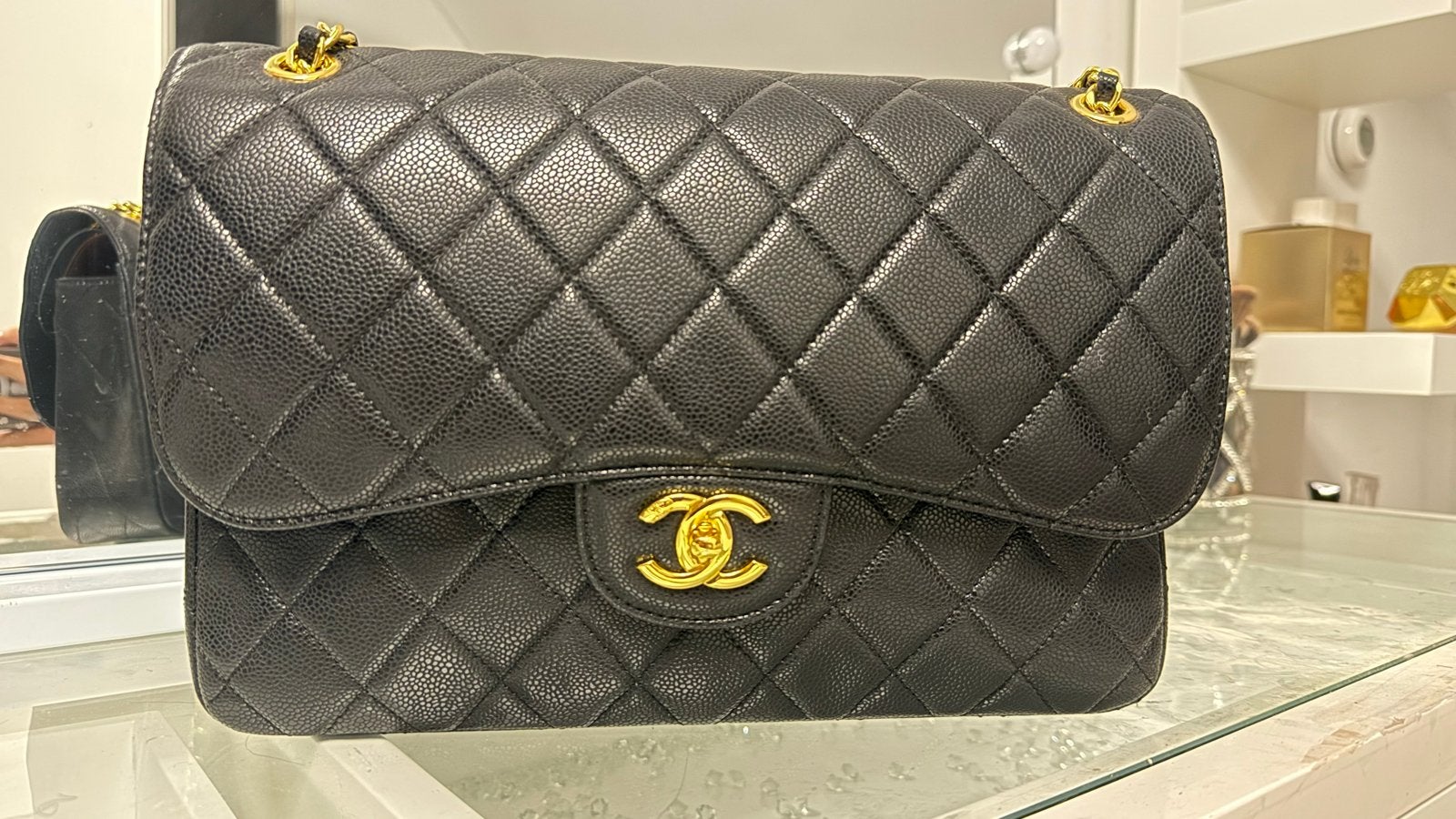 Chanel Classic Flap Bag Jumbo Zwart Caviar Goud Hardware, Sieraden, Tassen en Uiterlijk, Tassen | Damestassen, Ophalen of Verzenden