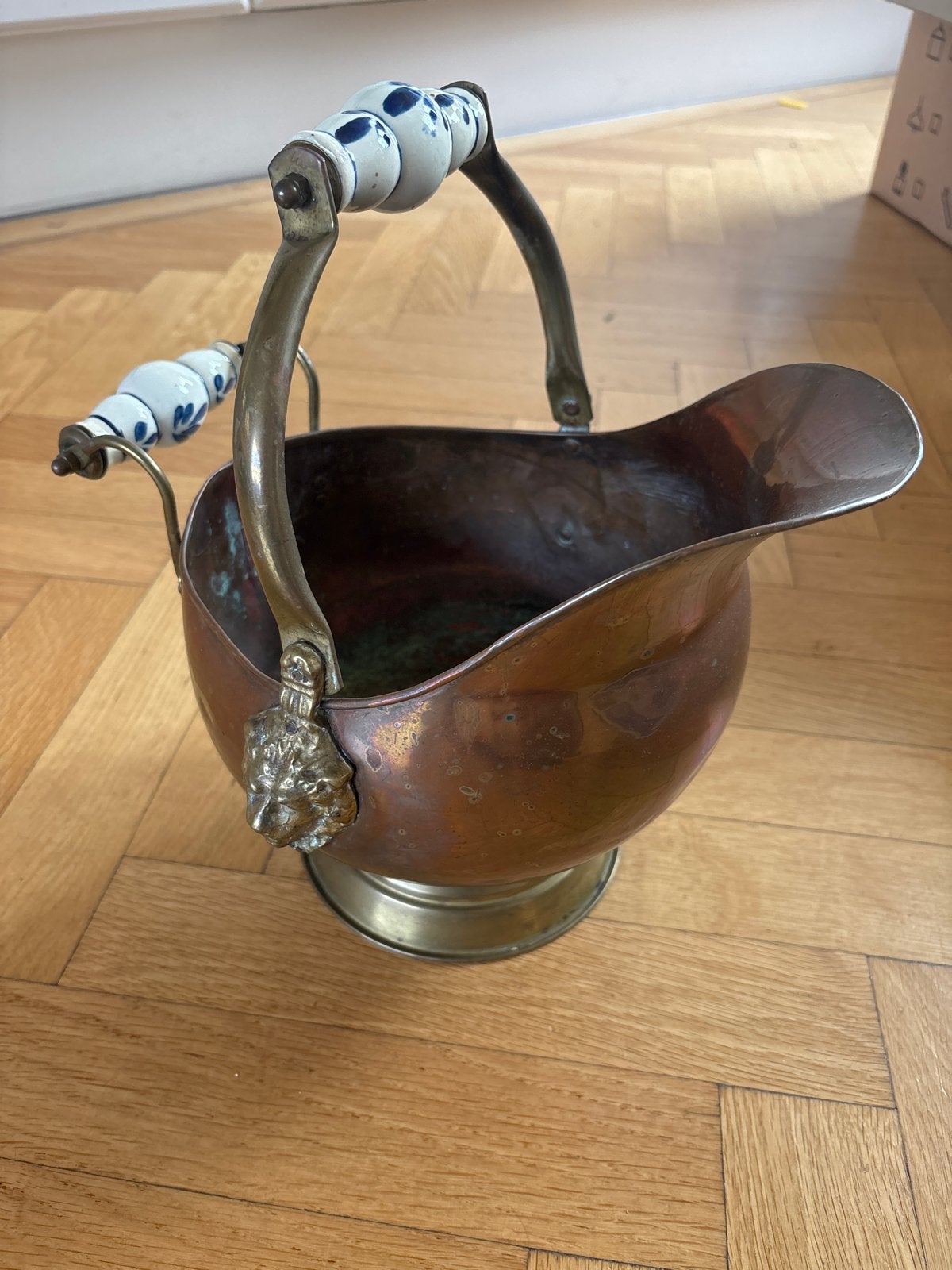 Antieke koperen kolenkit met Delfts blauw handvat, Ophalen of Verzenden, Koper