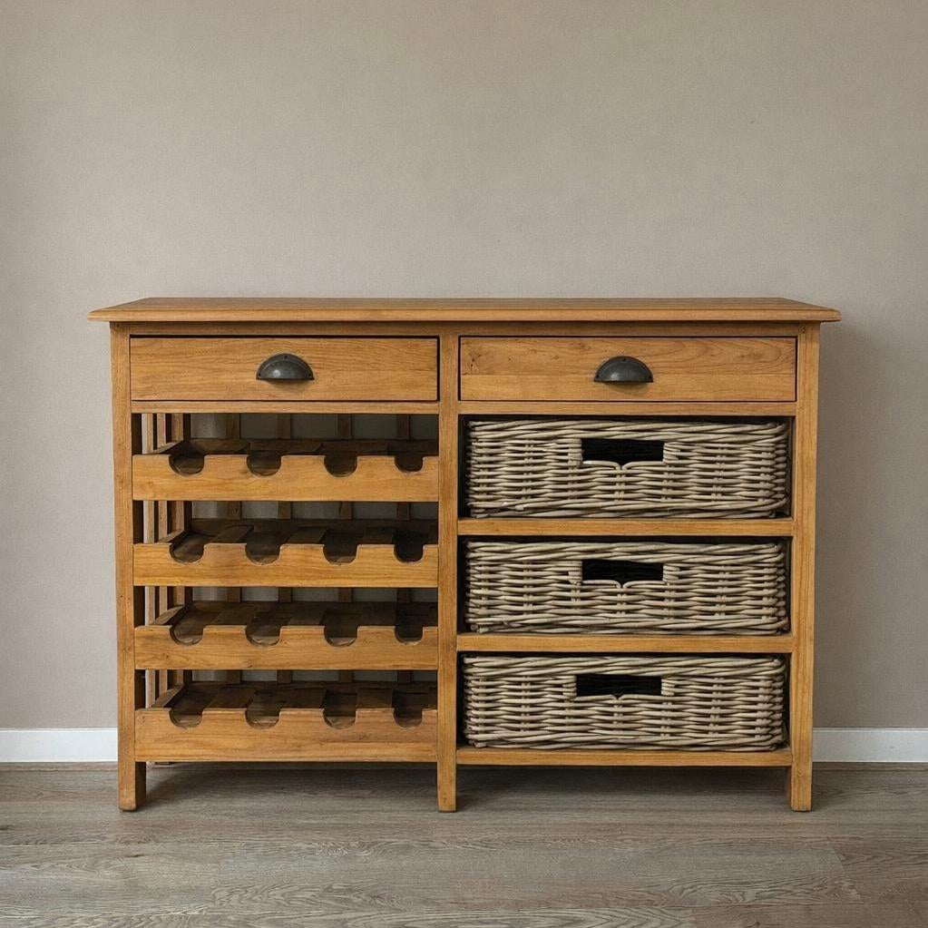 Wijnkast Dressoir met lades en manden - NIEUW in doos!, Huis en Inrichting, Ophalen, Met plank(en), 100 tot 150 cm, Teakhout