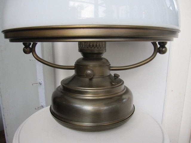 grote vintage messing hanglamp met glazen kap 64x44, Ophalen, Zo goed als nieuw, Glas, 50 tot 75 cm