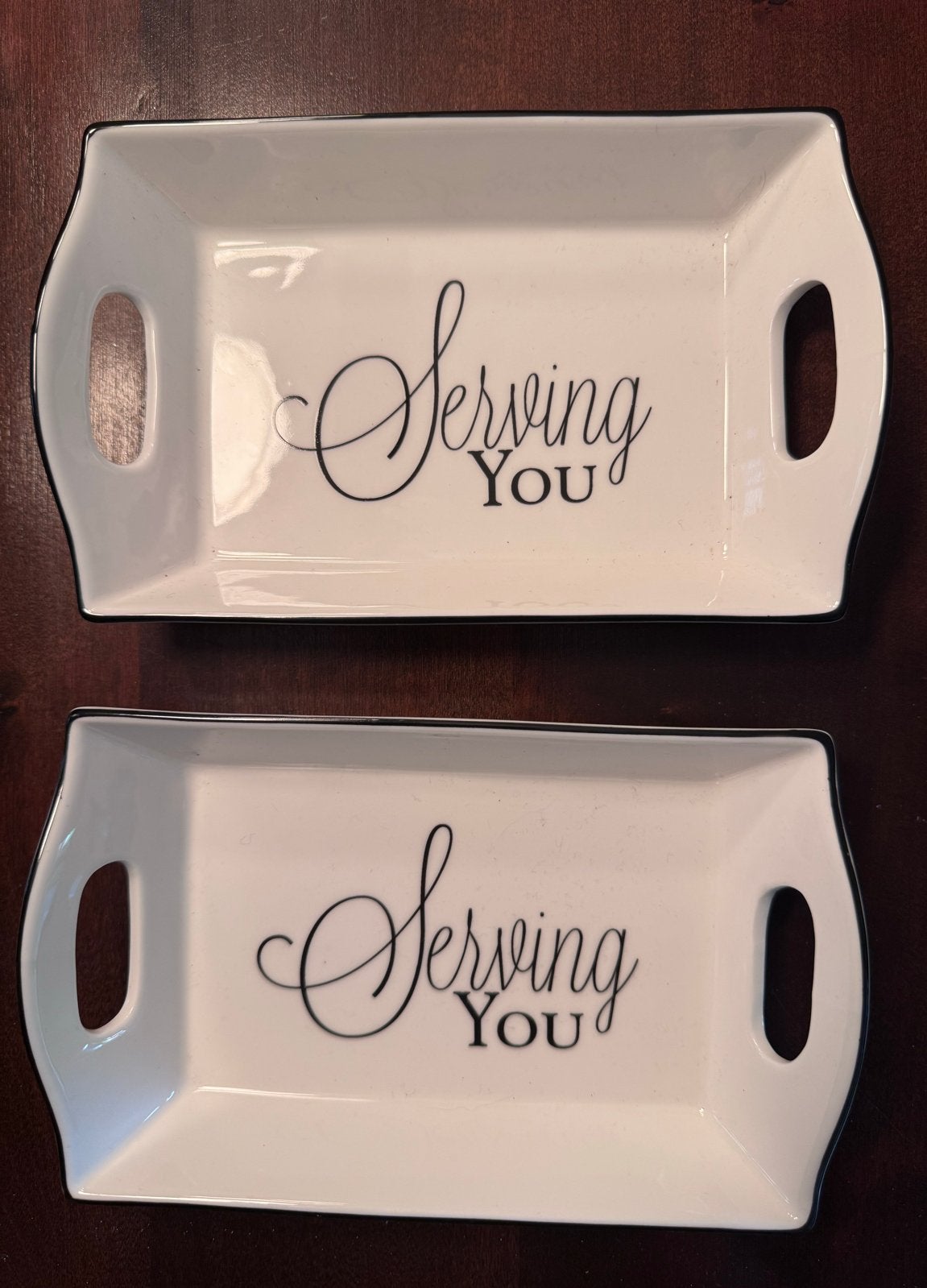 2 Riviera Maison schaaltjes "Serving You" - Zo goed als nieu, Ophalen, Porselein of Keramiek, Schaal, Vaatwasserbestendig
