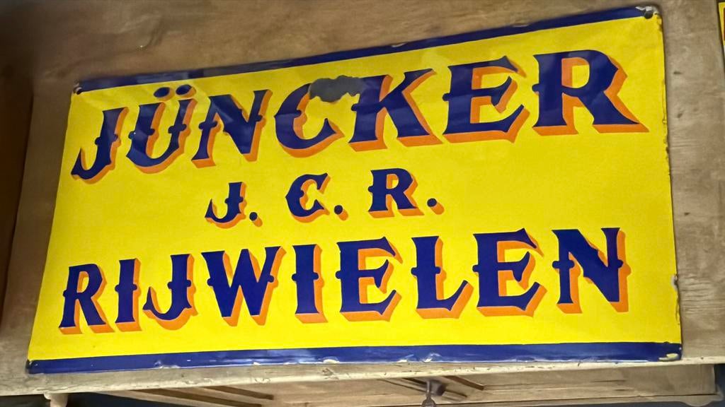 Oud Emaille reclame bord Juncker Rijwielen, Verzamelen, Ophalen of Verzenden, Gebruikt, Reclamebord