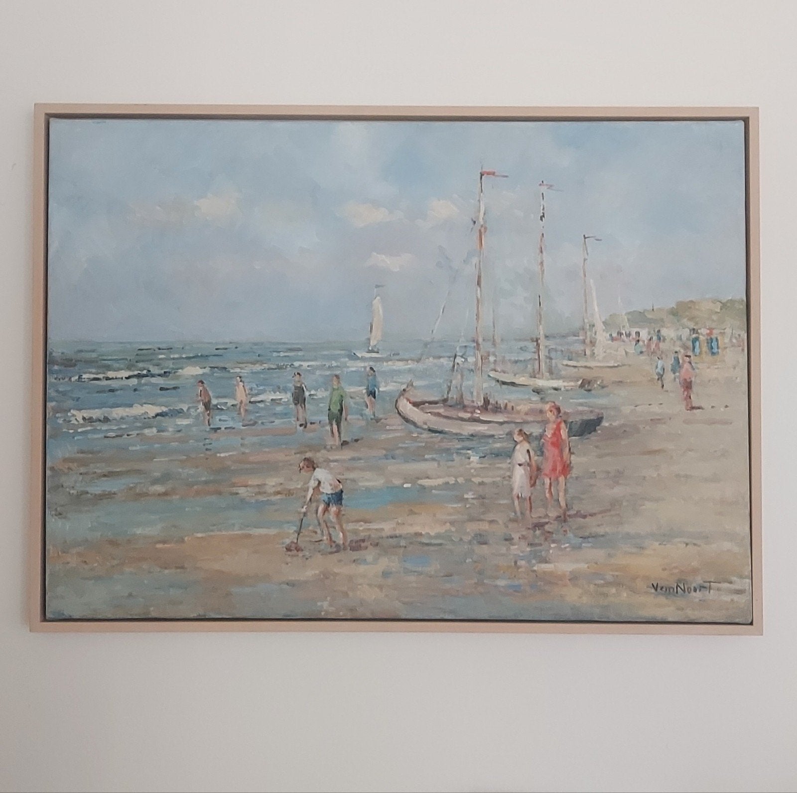 strandgezicht - A C van Noort - doek in lijst, Ophalen, Nederlandse school, Doek, Portret of Personen