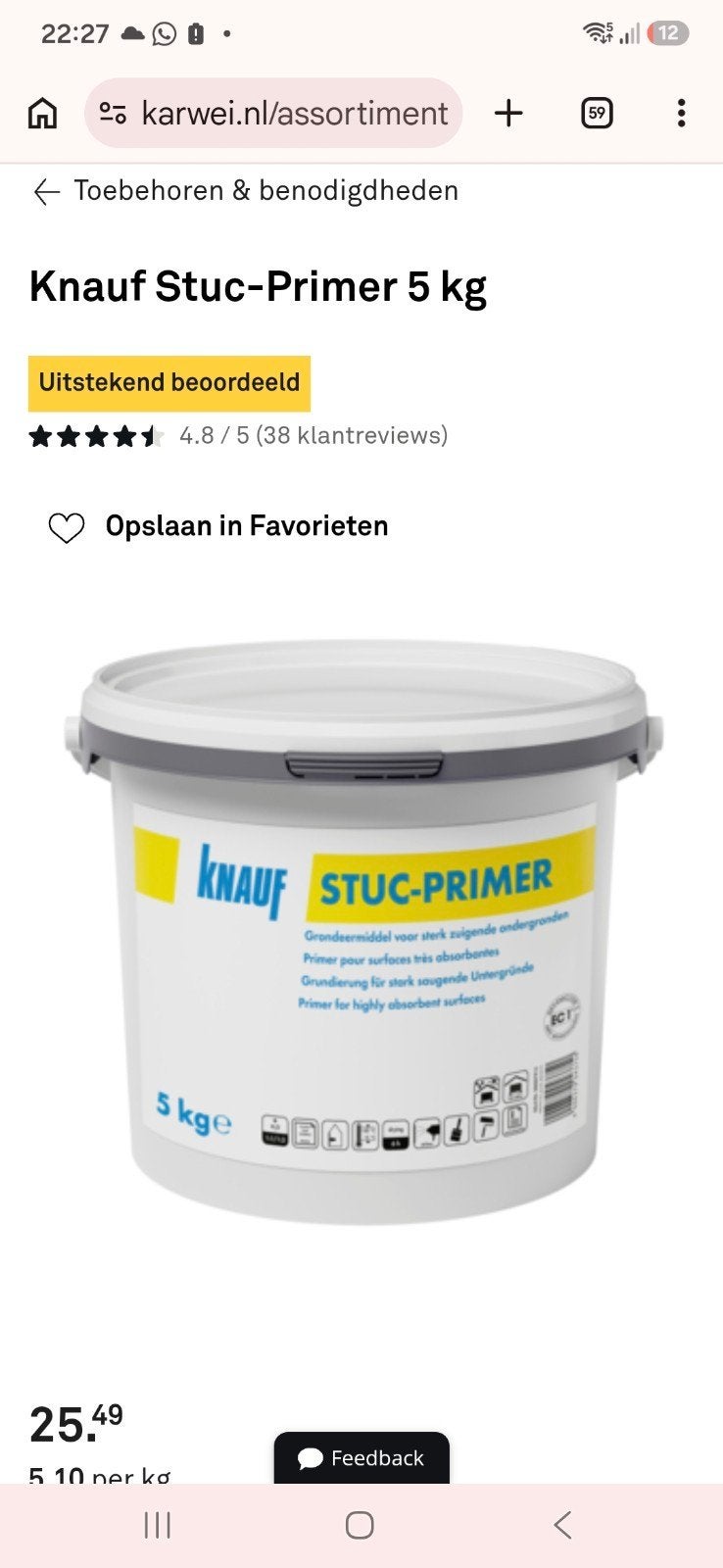 Knauf Stuc-Primer 5 kg - Nieuw en Ongebruikt, Ophalen, 5 tot 10 liter, Wit, Nieuw