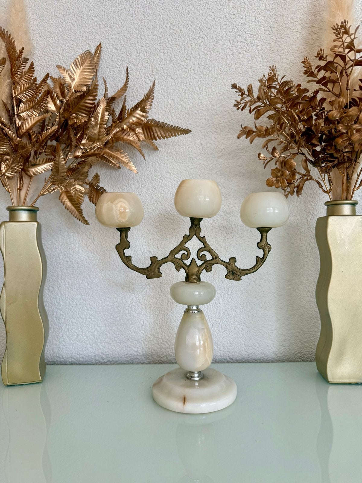 Vintage Driearmige Kandelaar Onyx en Messing, Antiek en Kunst, Antiek | Kandelaars, Ophalen of Verzenden, Overige materialen