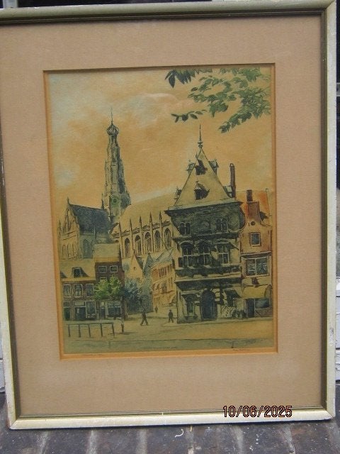 CEES BOLDING, Mooie kleurwets van de Bavo en de Waag, Ophalen, Stadsgezicht, Ets