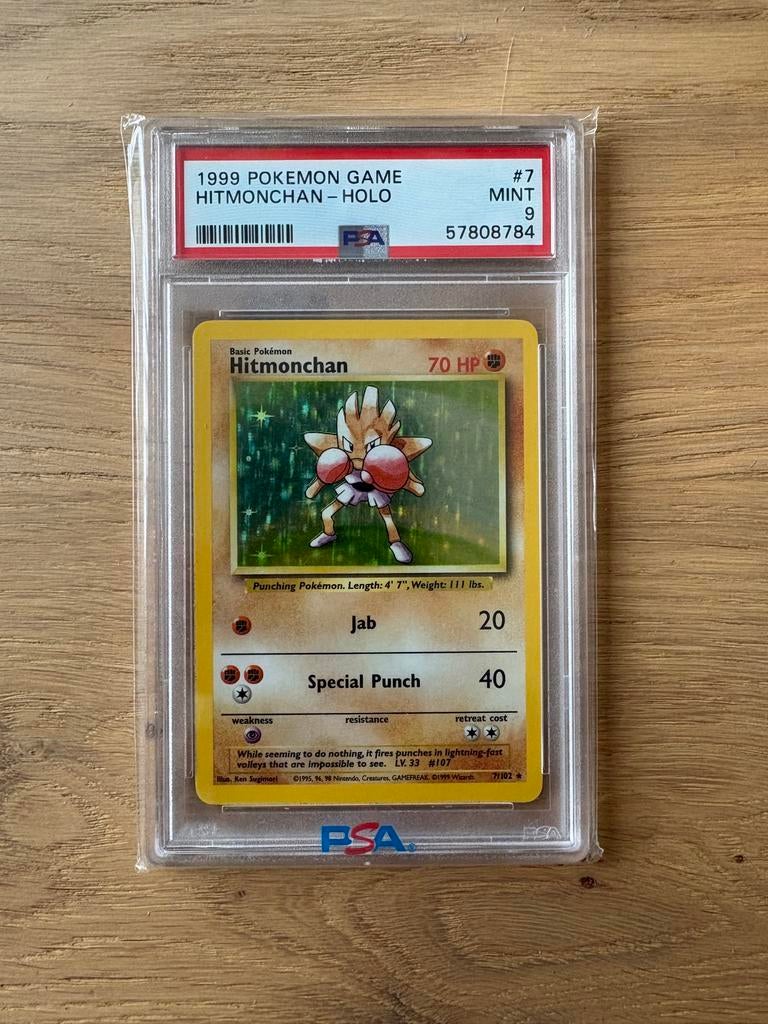 1999 Pokémon Game Hitmonchan Holo PSA 9 Mint, Ophalen of Verzenden, Zo goed als nieuw, Losse kaart, Foil