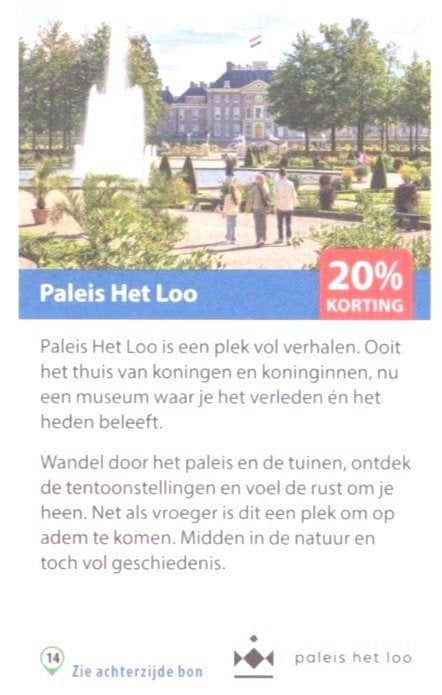 Paleis Het Loo 20% korting, Tickets en Kaartjes, Drie personen of meer, Kortingskaart