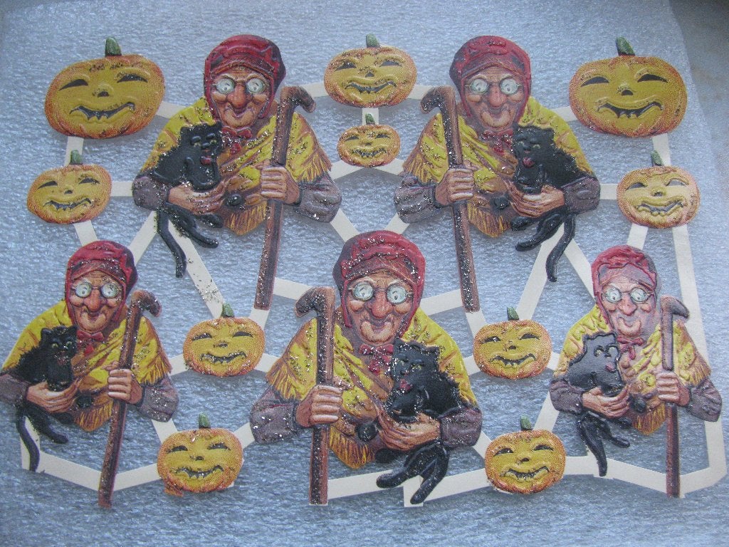 Vintage Halloween Poesieplaatjes Heks / Zwarte Kat / Pompoen, Verzenden