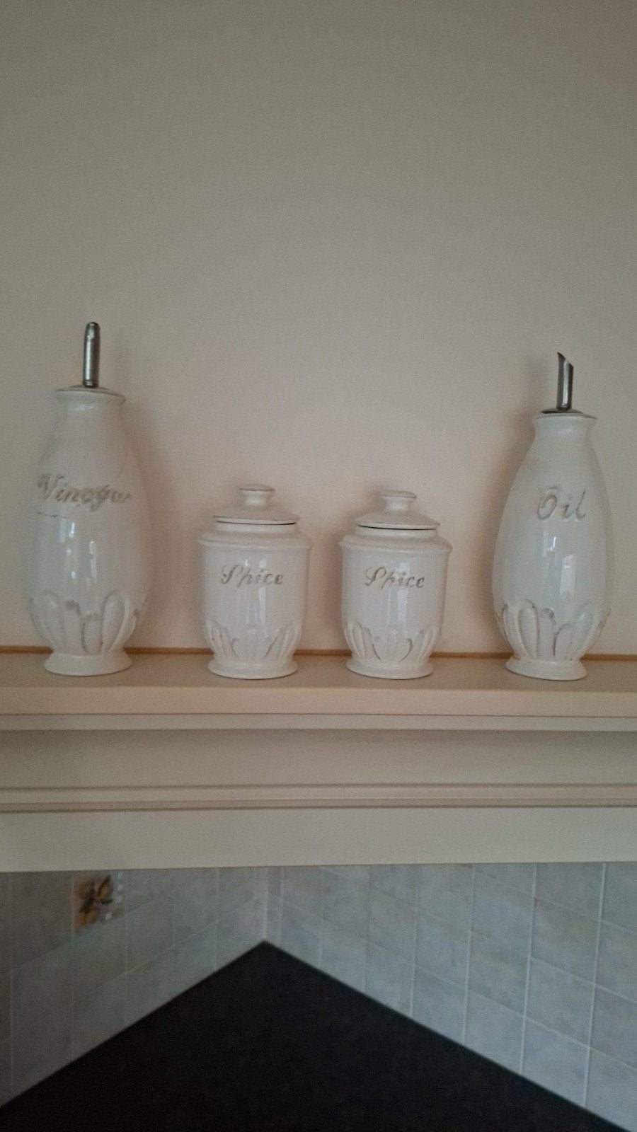 Witte keramische olie-, azijn- en kruidenpotten set, Huis en Inrichting, Ophalen of Verzenden, Zo goed als nieuw, Voorraadpot