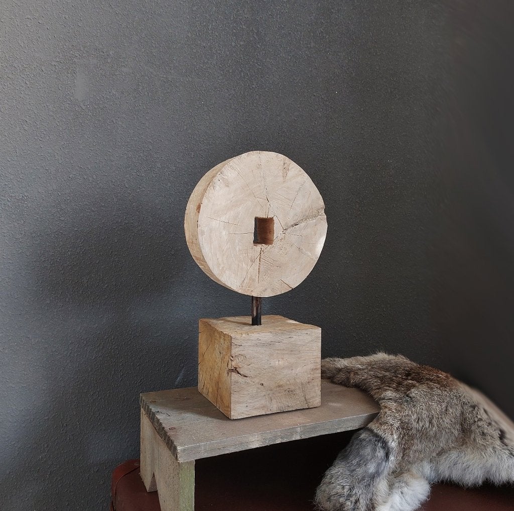Houten wiel op eiken sokkel, Decoratie cirkel landelijk, Verzenden, Nieuw, Hout, Landelijk