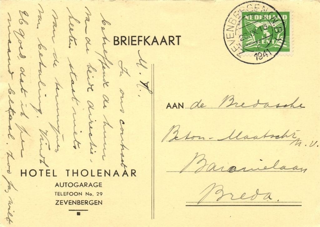 Hotel Tholenaar, Autogarage, Zevenbergen - 09.1941 - briefka, Ophalen of Verzenden, Briefkaart