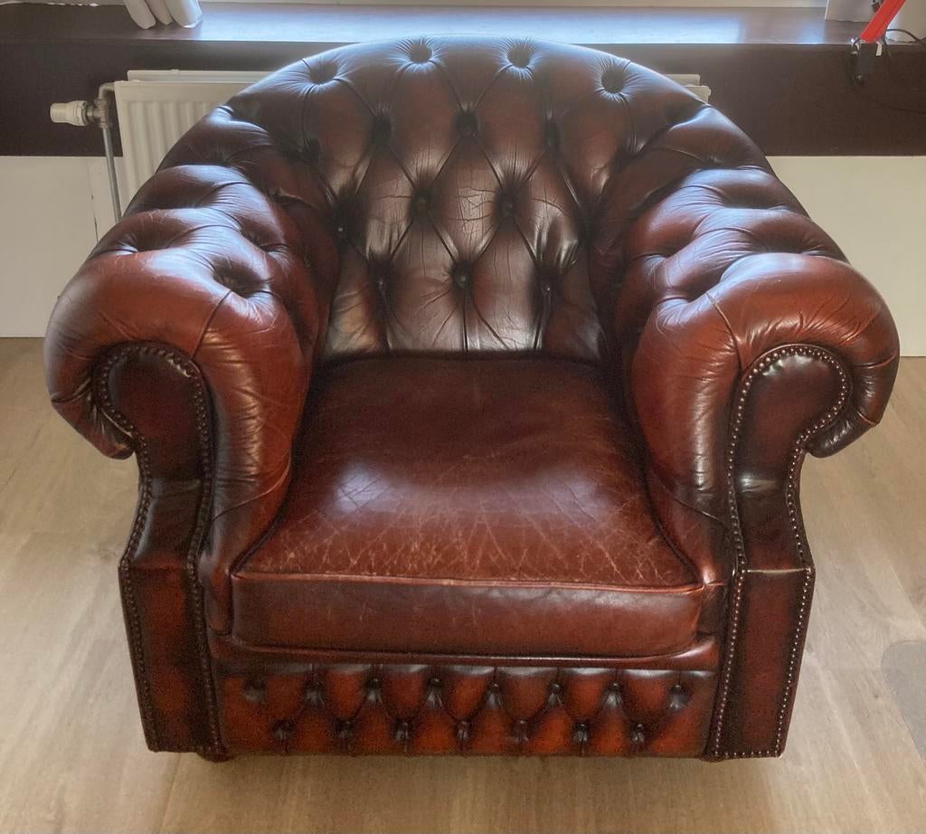 Delta Chesterfield Fauteil - Leder - ZGAN, Huis en Inrichting, Fauteuils, Ophalen, Klassiek, Zo goed als nieuw, 100 tot 125 cm