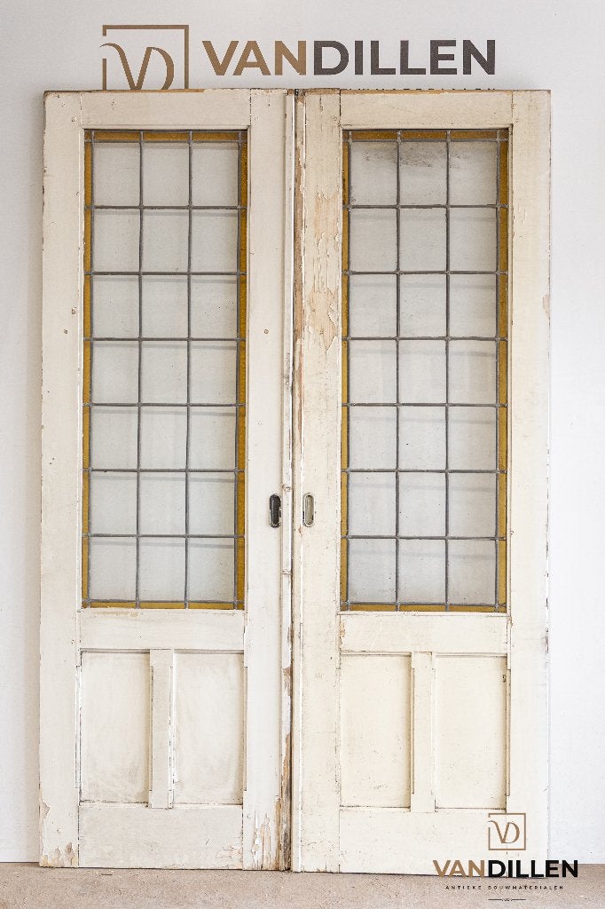 Hoge antieke ensuite schuifdeuren met glas in lood, 120 cm of meer, Binnendeur, Ophalen of Verzenden, Zo goed als nieuw