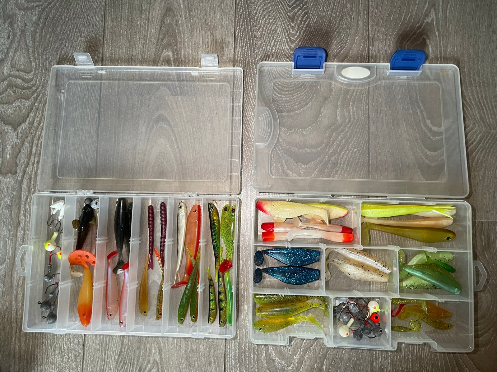 2 tackleboxen vol shads , snoekbaars set , roofvis, Ophalen of Verzenden, Zo goed als nieuw, Overige typen