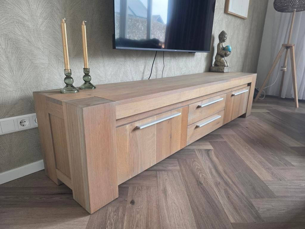 Massief Eiken TV Meubel Grey Wash met Lades en Kleppen, Ophalen, Gebruikt, Eikenhout, 200 cm of meer