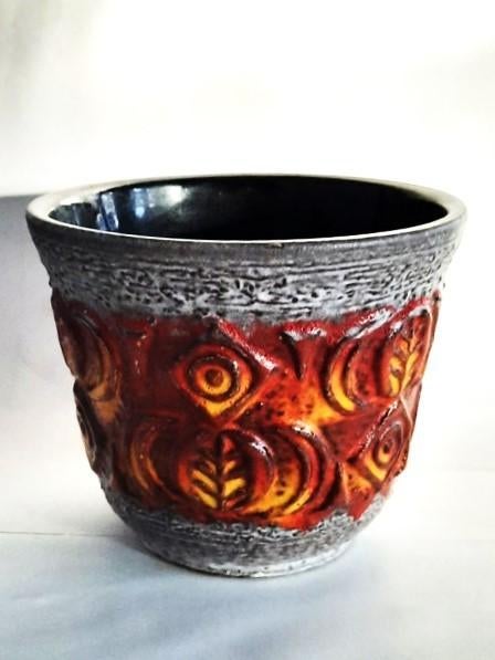 Scheurich vintage Oranje-Rood Fat Lava bloempot 194-13, Ophalen, Rond, Zo goed als nieuw, Aardewerk