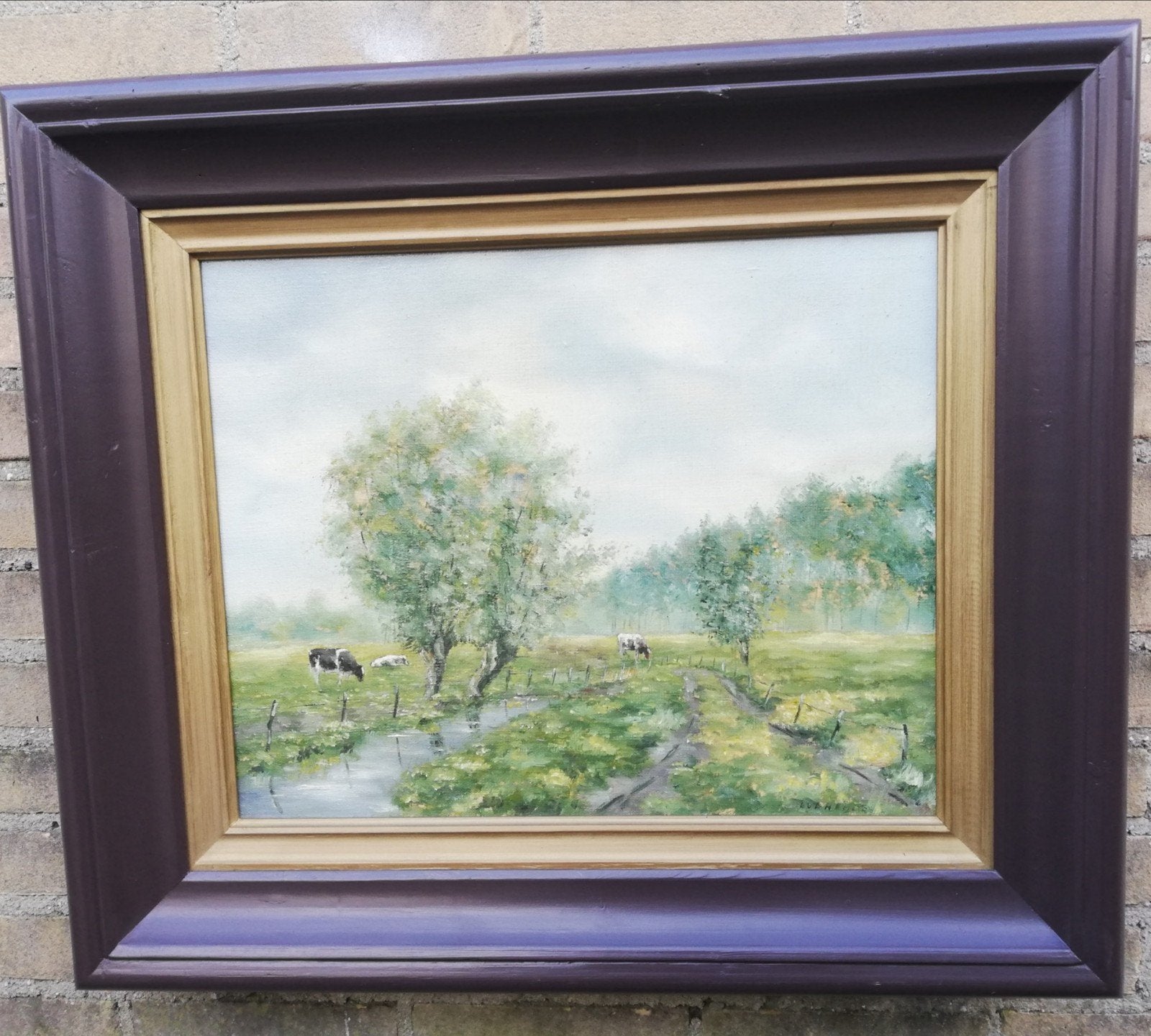 Grazende koeien in Hollands weidelandschap. 70/60 cm., Ophalen of Verzenden