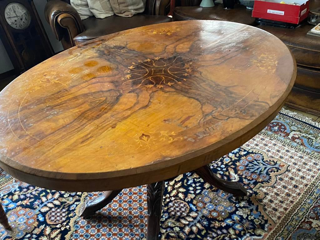 Mahonie salontafel met inlegwerk, Ophalen, Gebruikt, 100 tot 150 cm, Minder dan 50 cm